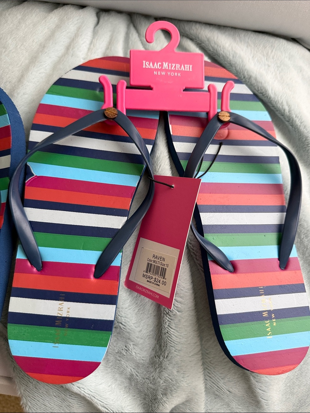 2 pairs Isaac Mizrahi Multicolor Striped Navy-Trim Flip Flops